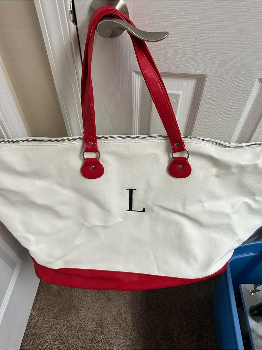 Mark & Graham White and Red Monogram Tote with 'L'